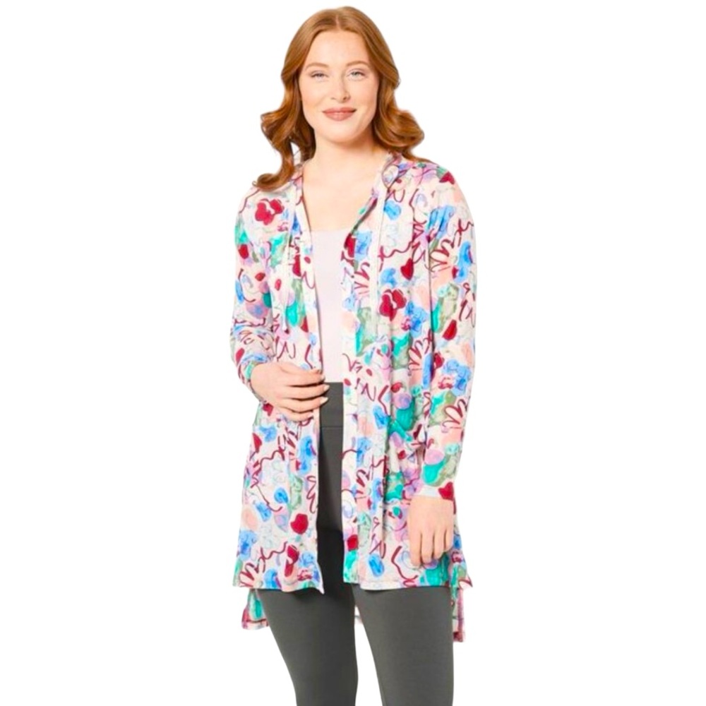 LOGO Lori Goldstein Shannon Beach Swim Long Sleeve Hooded Mesh Floral Cover Up